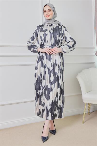 Piliseli Saten Elbise - Siyah