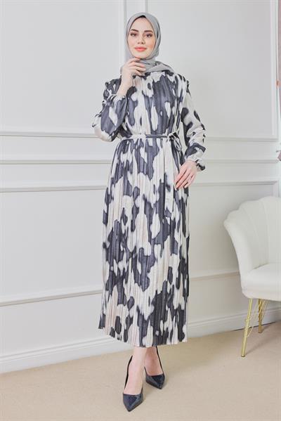 Piliseli Saten Elbise - Siyah