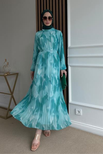 Piliseli Şifon Elbise - YEŞİL