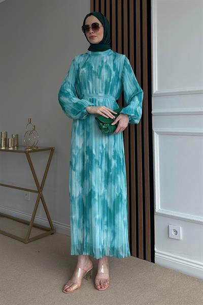 Piliseli Şifon Elbise - YEŞİL