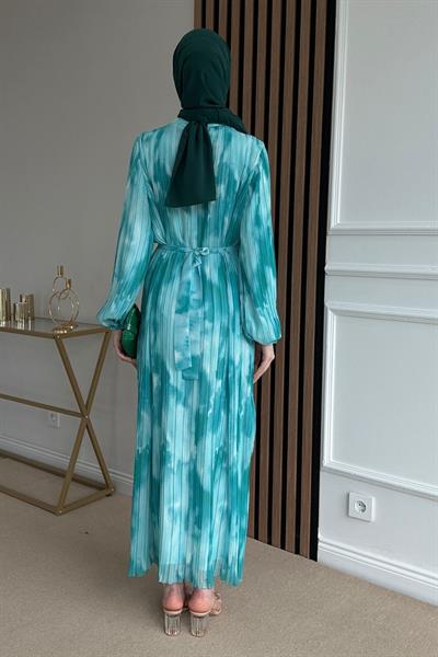 Piliseli Şifon Elbise - YEŞİL