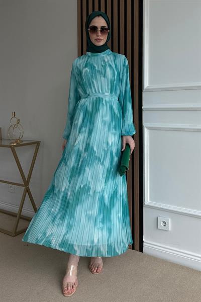 Piliseli Şifon Elbise - YEŞİL