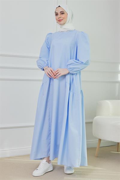 Poplin Elbise - Mavi