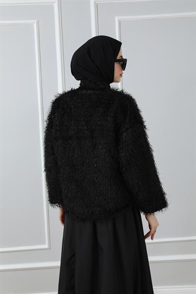 Saçaklı Tasarım Ceket - Siyah