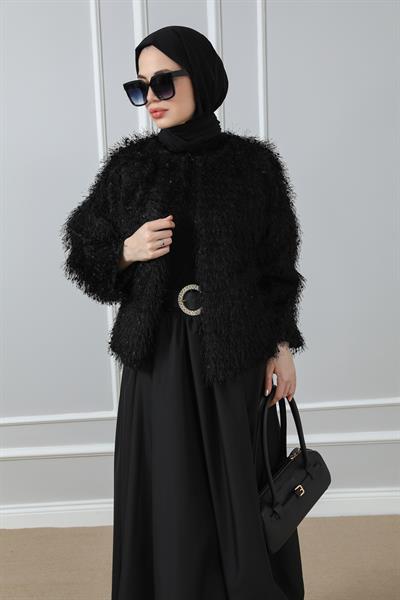 Saçaklı Tasarım Ceket - Siyah