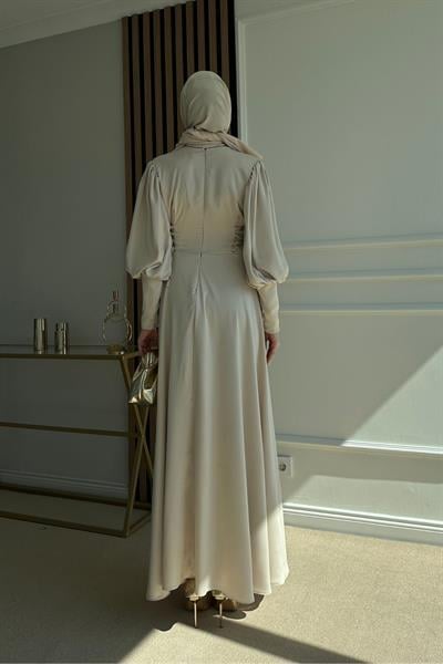 Saten Bağcıklı Abiye - KREM