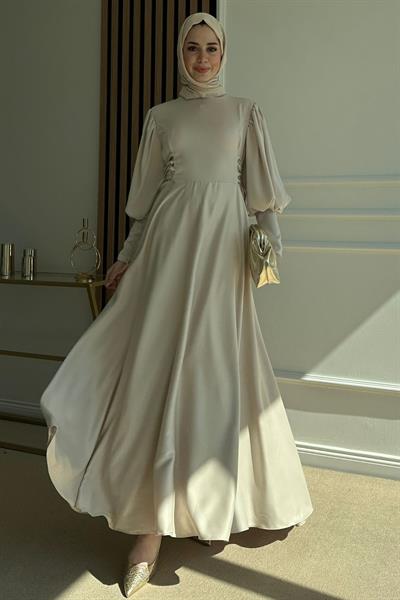 Saten Bağcıklı Abiye - KREM