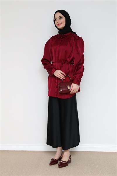 Saten Balon Kol Gömlek - Bordo