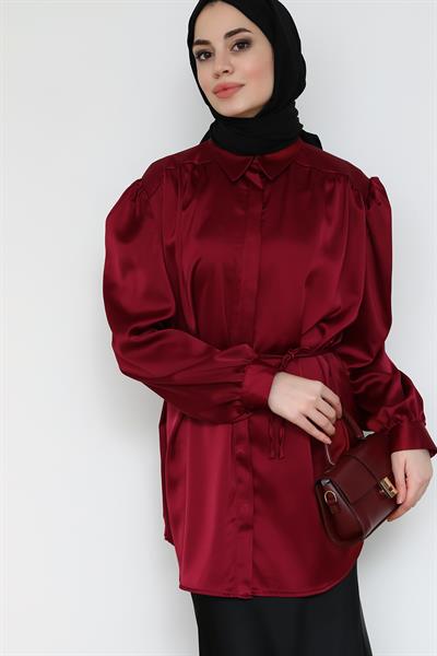 Saten Balon Kol Gömlek - Bordo
