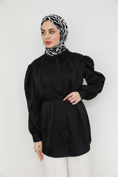 Saten Balon Kol Gömlek - Siyah