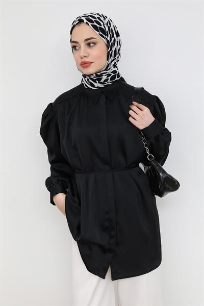 Saten Balon Kol Gömlek - Siyah