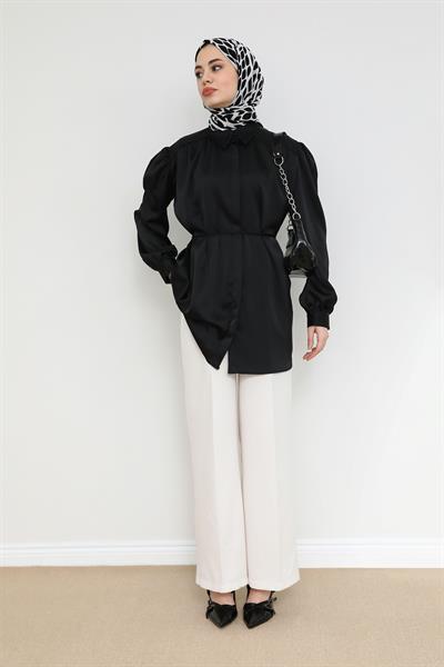 Saten Balon Kol Gömlek - Siyah