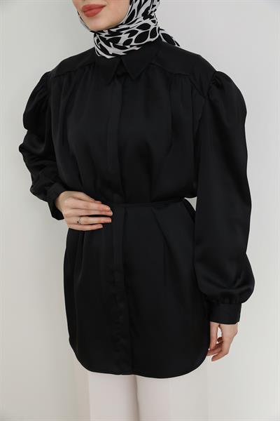 Saten Balon Kol Gömlek - Siyah