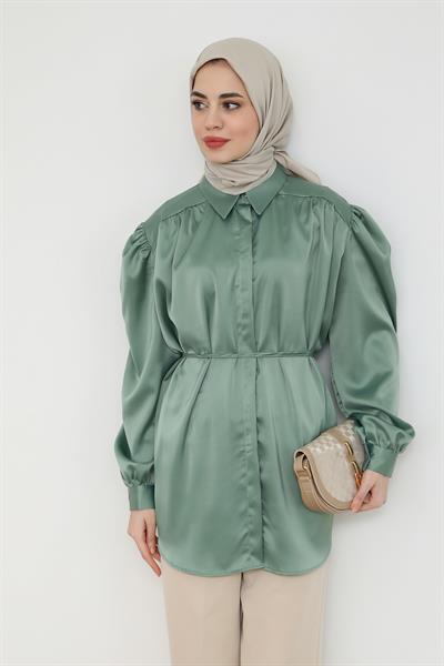 Saten Balon Kol Gömlek - Yeşil
