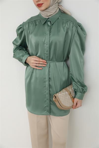 Saten Balon Kol Gömlek - Yeşil