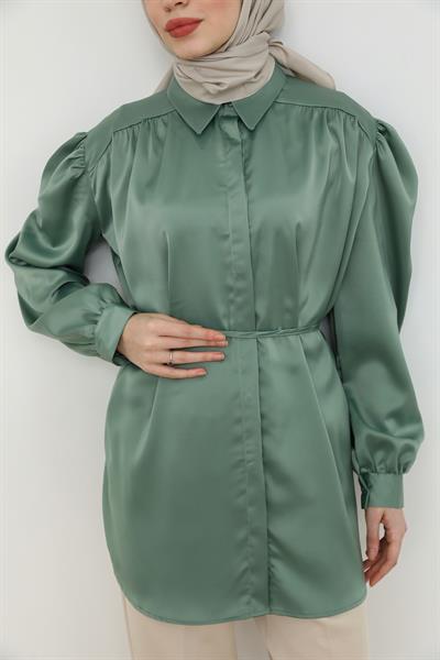 Saten Balon Kol Gömlek - Yeşil