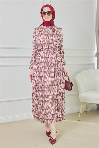 Saten Geometrik Elbise - Bordo