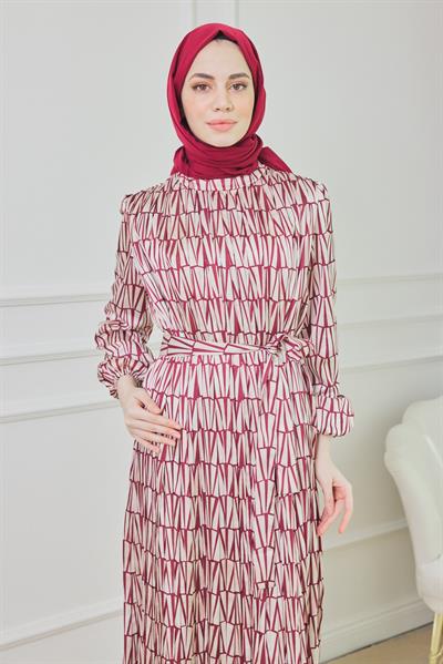 Saten Geometrik Elbise - Bordo