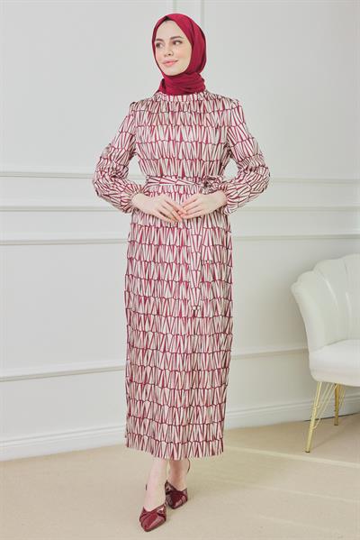 Saten Geometrik Elbise - Bordo