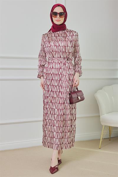 Saten Geometrik Elbise - Bordo