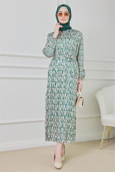Saten Geometrik Elbise - Yeşil