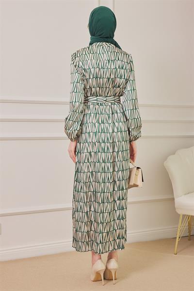 Saten Geometrik Elbise - Yeşil