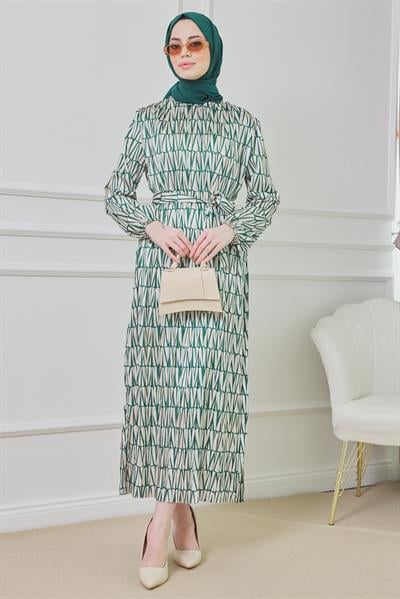 Saten Geometrik Elbise - Yeşil