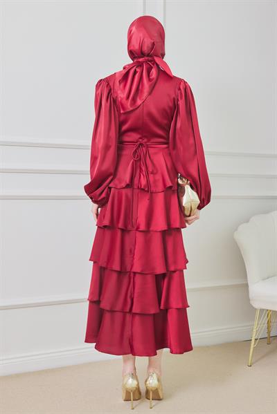 Saten Katlı Abiye - Bordo