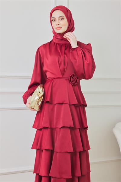 Saten Katlı Abiye - Bordo
