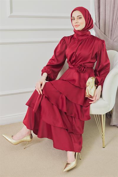 Saten Katlı Abiye - Bordo