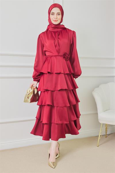 Saten Katlı Abiye - Bordo