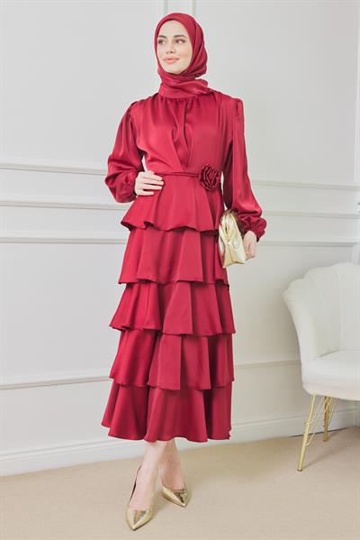 Saten Katlı Abiye - Bordo