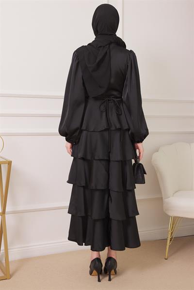 Saten Katlı Abiye - Siyah