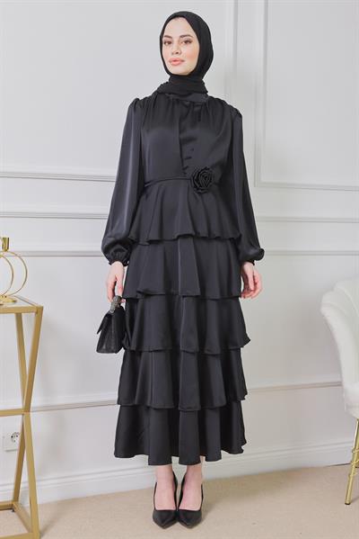 Saten Katlı Abiye - Siyah