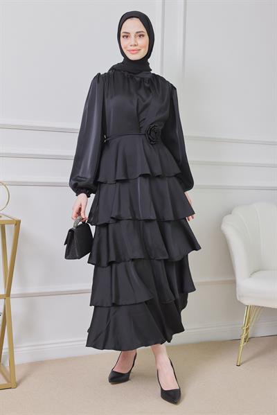 Saten Katlı Abiye - Siyah