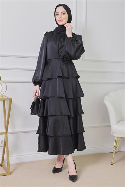 Saten Katlı Abiye - Siyah