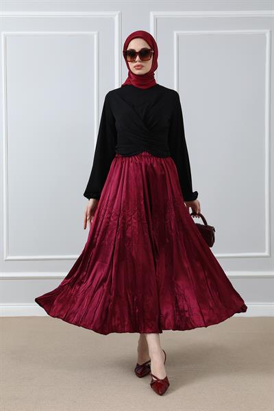 Saten Kırışık Etek - Bordo