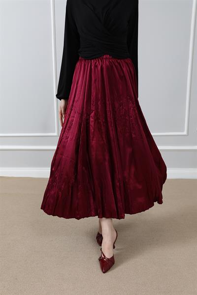 Saten Kırışık Etek - Bordo