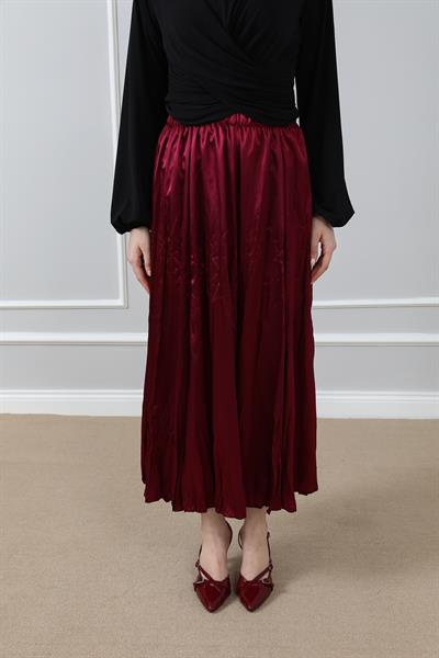 Saten Kırışık Etek - Bordo