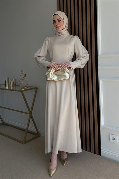 Saten Kuşaklı Abiye - KREM