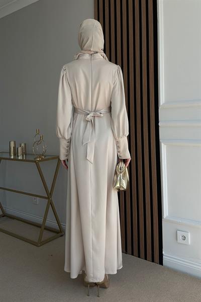 Saten Kuşaklı Abiye - KREM