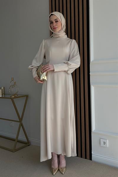 Saten Kuşaklı Abiye - KREM