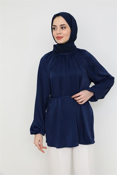 Saten Kuşaklı Tunik - Lacivert