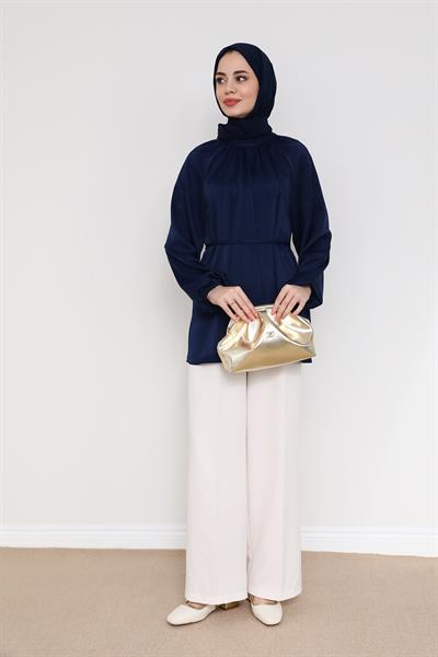 Saten Kuşaklı Tunik - Lacivert