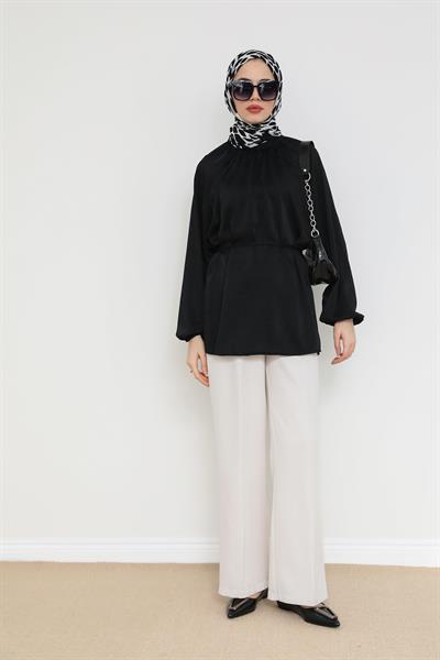 Saten Kuşaklı Tunik - Siyah