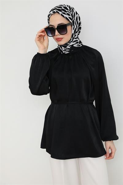 Saten Kuşaklı Tunik - Siyah