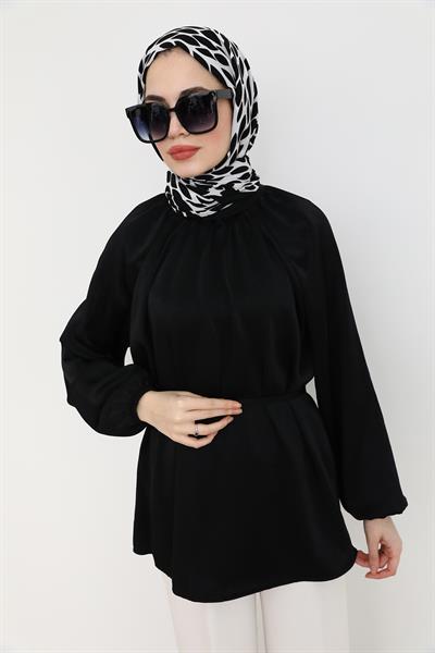 Saten Kuşaklı Tunik - Siyah