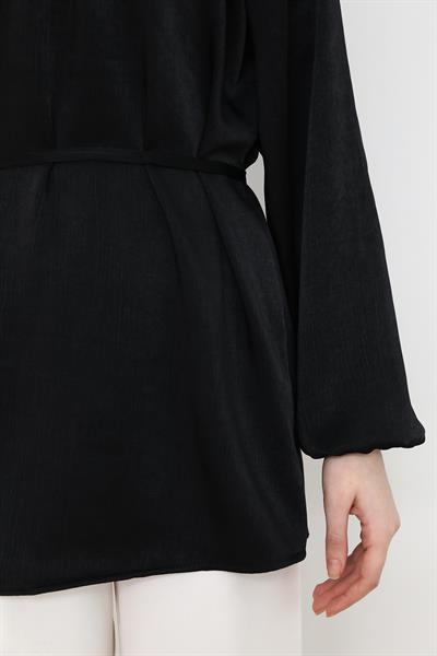 Saten Kuşaklı Tunik - Siyah
