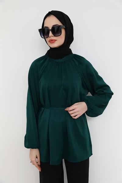 Saten Kuşaklı Tunik - Yeşil