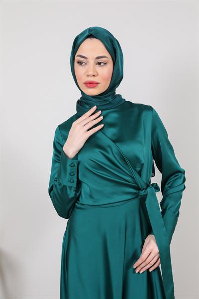 Saten Volanlı Abiye - Zümrüt Yeşil